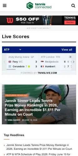 Aperçu du site Tennis Connected, média de États-Unis pour articles sponsorisés