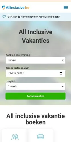 Anteprima del sito All Inclusive Vakanties, media di Belgio per articoli sponsorizzati