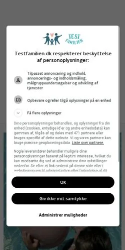 Anteprima del sito Testfamilien.dk, media di Danimarca per articoli sponsorizzati