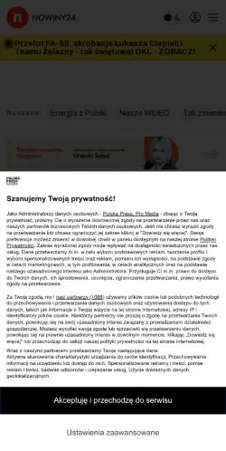Podgląd witryny Nowiny 24, medium z kraju Polska do artykułów sponsorowanych