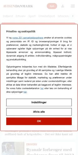 Förhandsvisning av webbplatsen Avisen Danmark, medium i Danmark för sponsrade artiklar