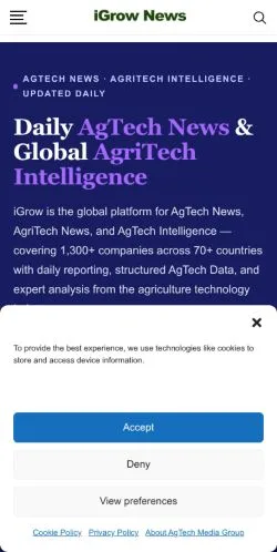 Podgląd witryny AgTech News, medium z kraju Stany Zjednoczone do artykułów sponsorowanych
