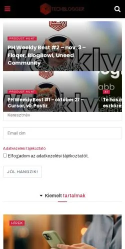 Anteprima del sito Techblogger, media di Ungheria per articoli sponsorizzati