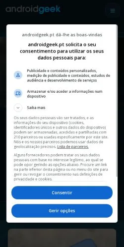 Anteprima del sito AndroidGeek, media di Portogallo per articoli sponsorizzati