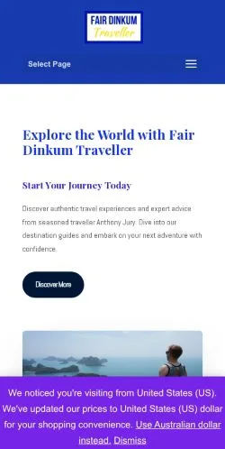 スポンサード記事向けのアメリカ合衆国メディア、Fair Dinkum Travellerのサイトプレビュー