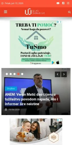 Podgląd witryny Glas Šumadije, medium z kraju Serbia do artykułów sponsorowanych