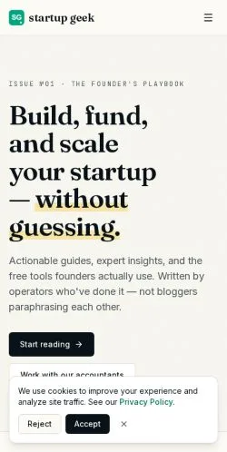 Pré-visualização do site Startup Geek, meio de Estados Unidos para artigos patrocinados