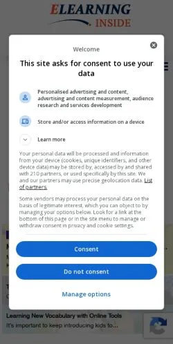 Pré-visualização do site eLearningInside, meio de Estados Unidos para artigos patrocinados