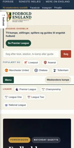 Podgląd witryny Fodbold England, medium z kraju Dania do artykułów sponsorowanych