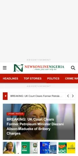 Preview of the Newsonline Nigeria website, a media outlet in United States for sponsored articles