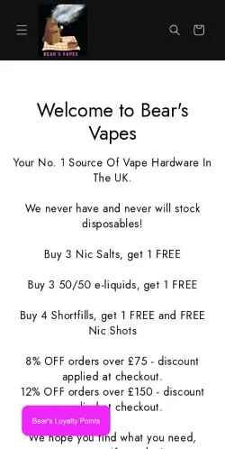 Anteprima del sito Bear's Vapes, media di Regno Unito per articoli sponsorizzati