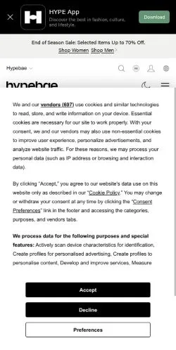 Preview of the Hypebae website, a media outlet in United States for sponsored articles