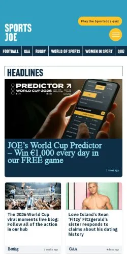 Vista previa del sitio SportsJOE, medio de Irlanda para artículos patrocinados