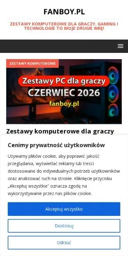 Pré-visualização do site fanboy.pl, meio de Polônia para artigos patrocinados