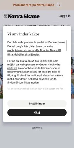 Vista previa del sitio Norra Skåne, medio de Suecia para artículos patrocinados