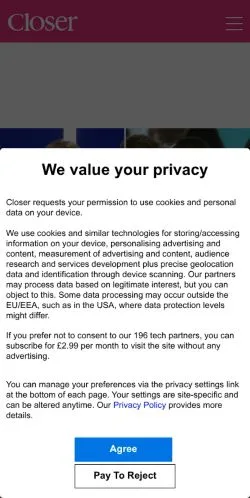 Anteprima del sito Closer Online UK, media di Regno Unito per articoli sponsorizzati