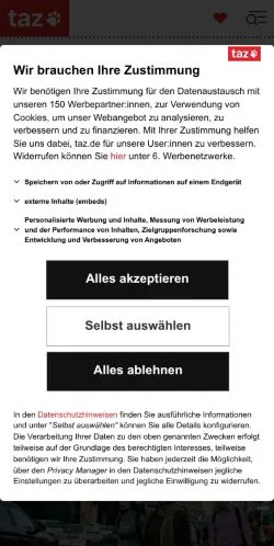 Förhandsvisning av webbplatsen Taz, medium i Tyskland för sponsrade artiklar