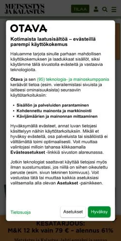 Podgląd witryny Metsästys ja Kalastus, medium z kraju Finlandia do artykułów sponsorowanych