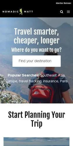 Voorbeeld van de site Nomadic Matt's Travel Site, medium uit Verenigde Staten voor gesponsorde artikelen