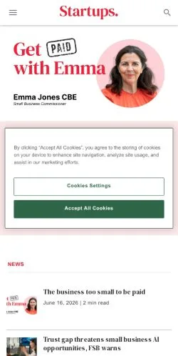 Aperçu du site Startups.co.uk, média de Royaume-Uni pour articles sponsorisés