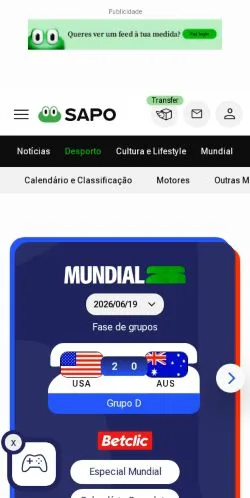 Podgląd witryny Sapo Desporto, medium z kraju Portugalia do artykułów sponsorowanych