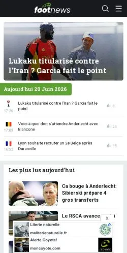 Pré-visualização do site FootNews, meio de Bélgica para artigos patrocinados