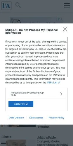 スポンサード記事向けのイタリアメディア、L'Adigeのサイトプレビュー