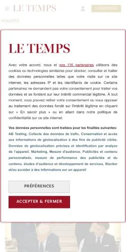 Vista previa del sitio Le Temps, medio de Suiza para artículos patrocinados