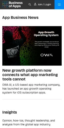 Sponsorlu makaleler için Amerika Birleşik Devletleri medyası Business of Apps sitesinin önizlemesi