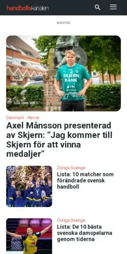 Anteprima del sito Handbollskanalen, media di Svezia per articoli sponsorizzati