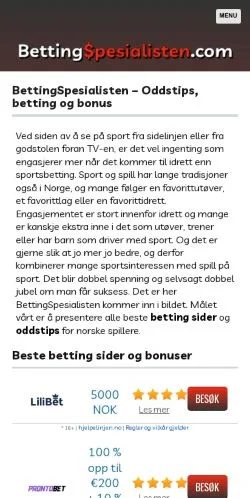 Podgląd witryny Betting Spesialisten, medium z kraju Norwegia do artykułów sponsorowanych