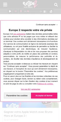 Anteprima del sito Europe 2, media di Francia per articoli sponsorizzati