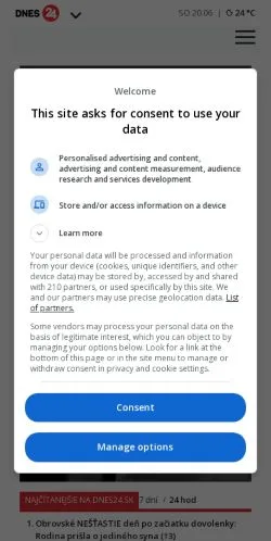 スポンサード記事向けのスロバキアメディア、Dnes24のサイトプレビュー