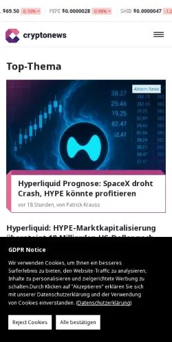 Preview of the CryptoNews website, a media outlet in Germany for sponsored articles