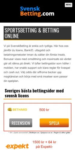 Podgląd witryny SvenskBetting, medium z kraju Szwecja do artykułów sponsorowanych