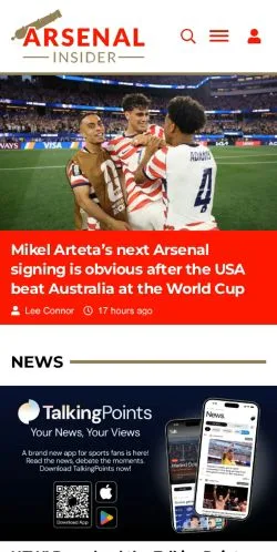 Podgląd witryny Arsenal Insider, medium z kraju Wielka Brytania do artykułów sponsorowanych