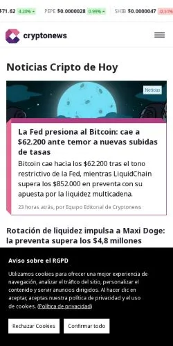 Pré-visualização do site CryptoNews, meio de Espanha para artigos patrocinados