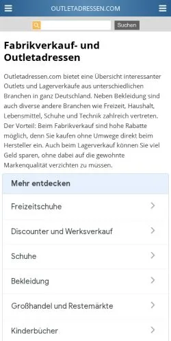 Anteprima del sito Outletadressen, media di Germania per articoli sponsorizzati