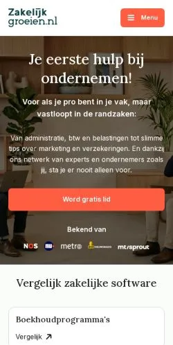 Pré-visualização do site ZakelijkGroeien, meio de Países Baixos para artigos patrocinados