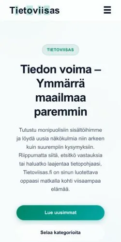 Vista previa del sitio Tietoviisas, medio de Finlandia para artículos patrocinados