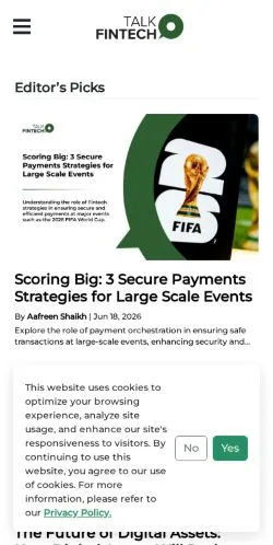 Pré-visualização do site Talk Fintech, meio de Estados Unidos para artigos patrocinados