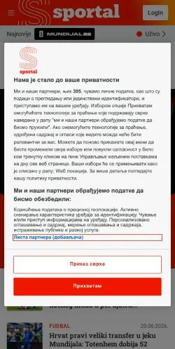 Anteprima del sito Sportal, media di Serbia per articoli sponsorizzati