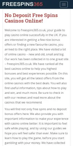 Anteprima del sito Freespins365, media di Regno Unito per articoli sponsorizzati