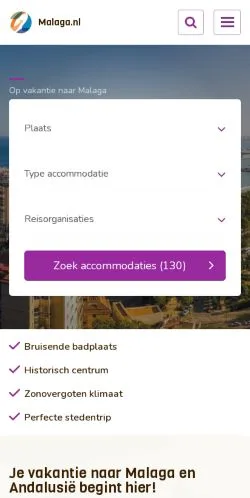 Sponsorlu makaleler için Hollanda medyası Malaga Vakantie sitesinin önizlemesi