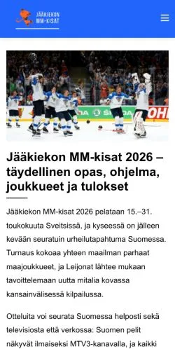 Vista previa del sitio Jääkiekon-MM, medio de Finlandia para artículos patrocinados