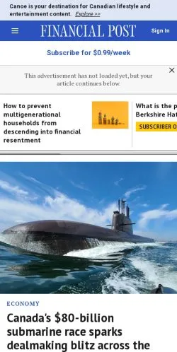 Förhandsvisning av webbplatsen Financial Post, medium i USA för sponsrade artiklar