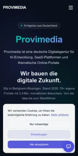 Vista previa del sitio Provimedia, medio de Alemania para artículos patrocinados