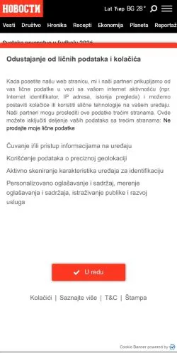 Anteprima del sito Večernje Novosti, media di Stati Uniti per articoli sponsorizzati