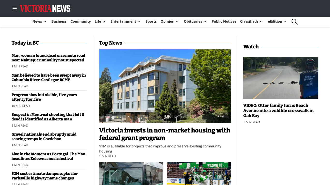Podgląd witryny Victoria News, medium z kraju Stany Zjednoczone do artykułów sponsorowanych