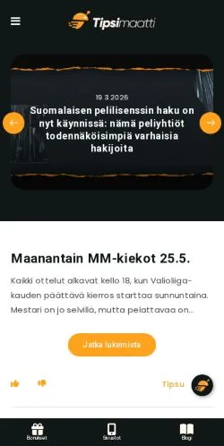 Preview of the Tipsimaatti website, a media outlet in Finland for sponsored articles